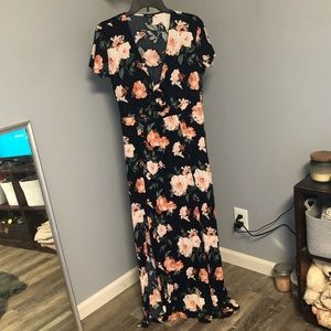 Flower print floor length dress with front tie